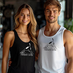 Downward Human tank top featuring a playful design of a dog doing a yoga pose, mimicking the popular downward dog position. The humorous graphic includes the text 'Downward Human,' making it perfect for dog lovers and yoga enthusiasts. Printed on a soft, lightweight black tank, this fun and casual design blends fitness and pet humor, ideal for workouts, lounging, or outdoor activities.