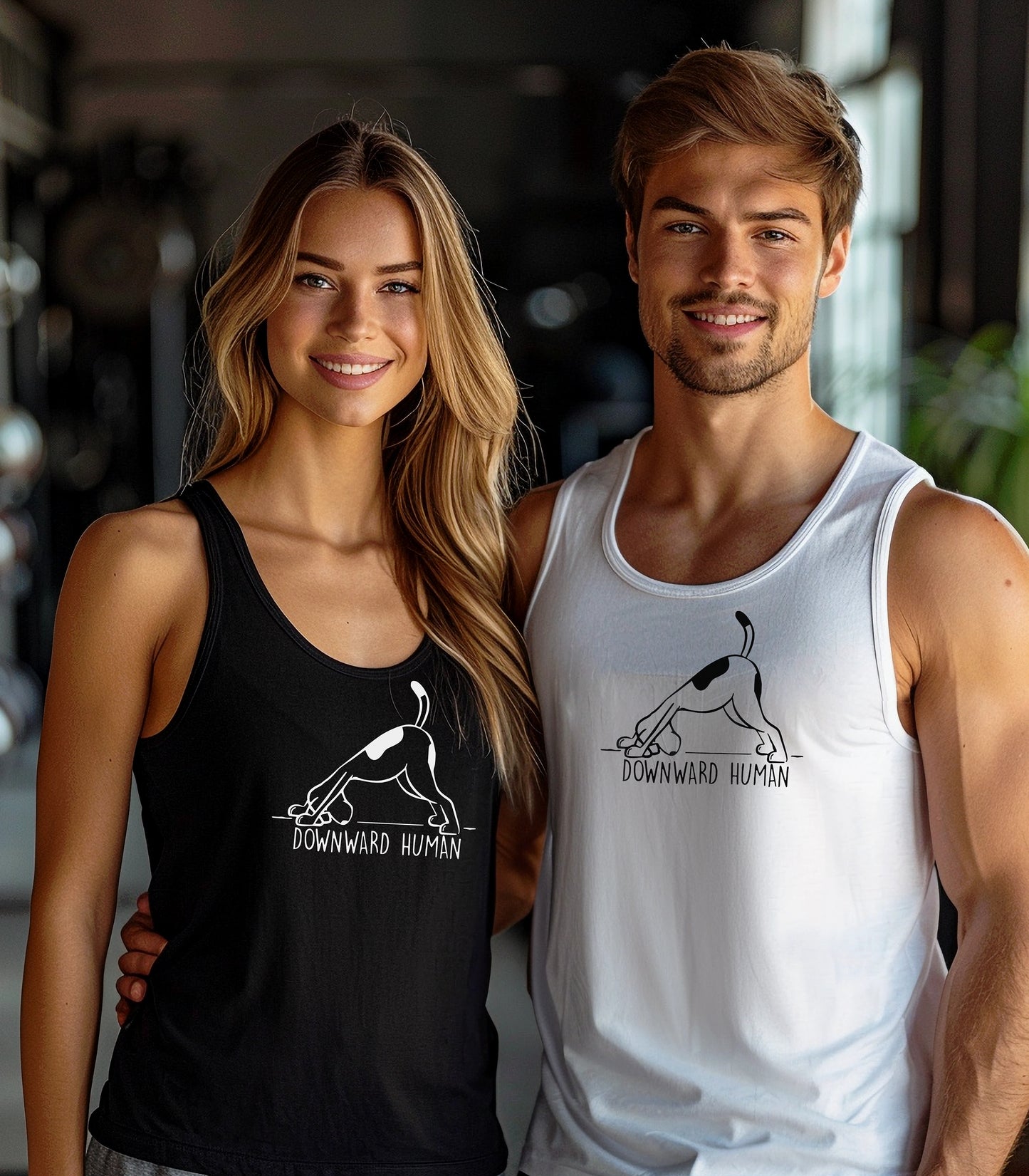 Downward Human tank top featuring a playful design of a dog doing a yoga pose, mimicking the popular downward dog position. The humorous graphic includes the text 'Downward Human,' making it perfect for dog lovers and yoga enthusiasts. Printed on a soft, lightweight black tank, this fun and casual design blends fitness and pet humor, ideal for workouts, lounging, or outdoor activities.