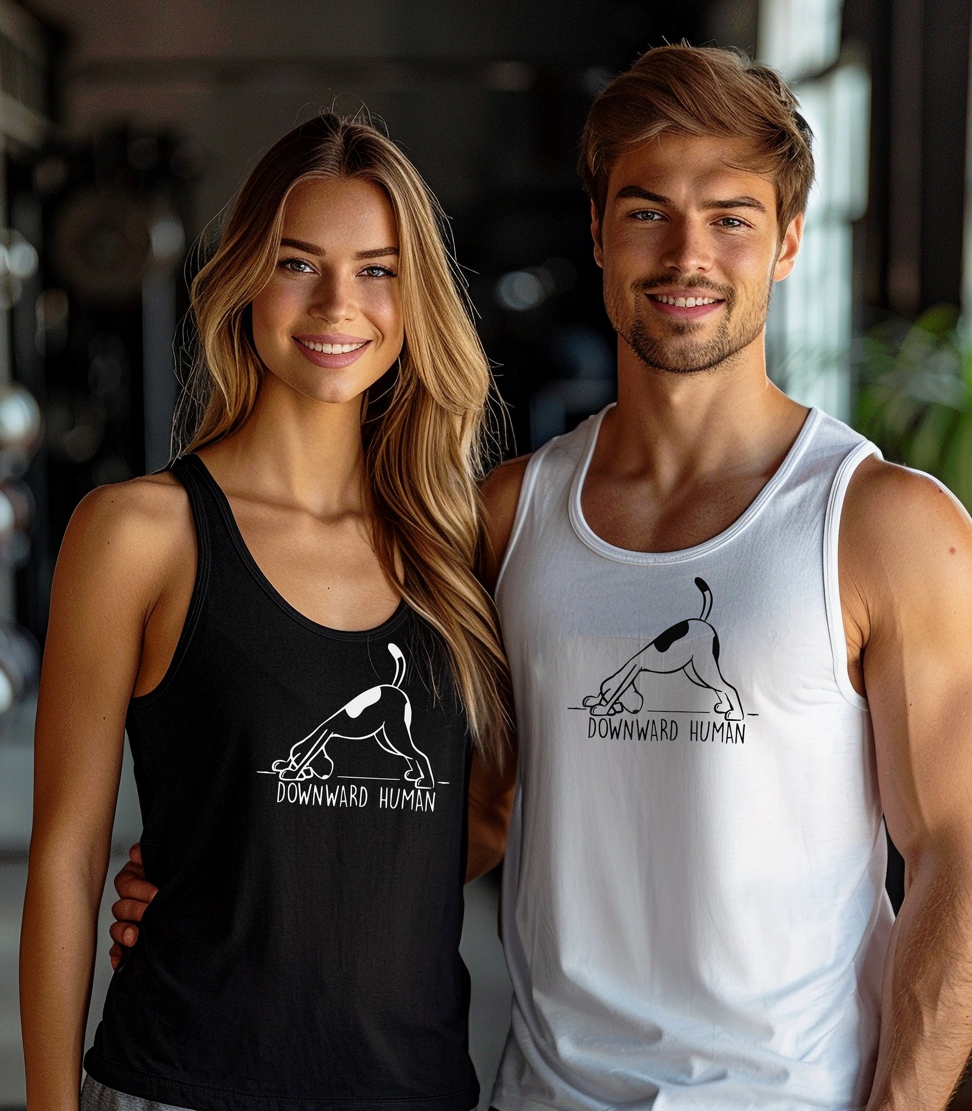 Downward Human tank top featuring a playful design of a dog doing a yoga pose, mimicking the popular downward dog position. The humorous graphic includes the text 'Downward Human,' making it perfect for dog lovers and yoga enthusiasts. Printed on a soft, lightweight black tank, this fun and casual design blends fitness and pet humor, ideal for workouts, lounging, or outdoor activities.