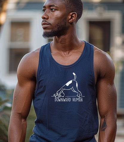 Downward Human tank top featuring a playful design of a dog doing a yoga pose, mimicking the popular downward dog position. The humorous graphic includes the text 'Downward Human,' making it perfect for dog lovers and yoga enthusiasts. Printed on a soft, lightweight navy tank, this fun and casual design blends fitness and pet humor, ideal for workouts, lounging, or outdoor activities.
