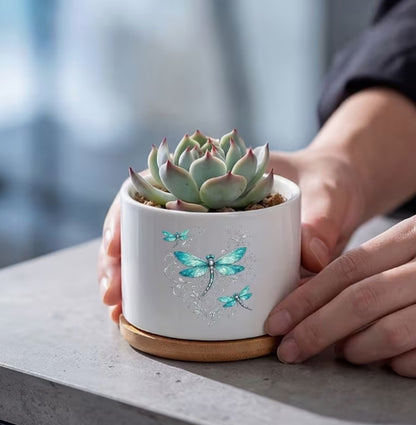 Turquoise Dragonfly Ceramic Flower Pot, Boho Succulent Planter