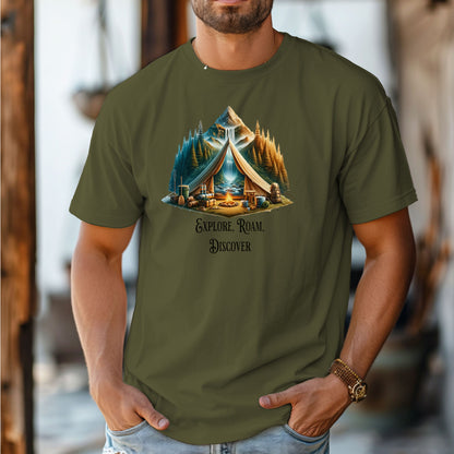 Hemp color “Explore, Roam, Discover” T-shirt featuring a scenic camping design with an open tent framing a mountain, waterfall, pine forest, and river. A cozy campfire, gear, and canoe paddles sit in the foreground, creating an adventurous and tranquil outdoor vibe. Perfect for nature lovers, hikers, and camping enthusiasts seeking wanderlust-inspired apparel.