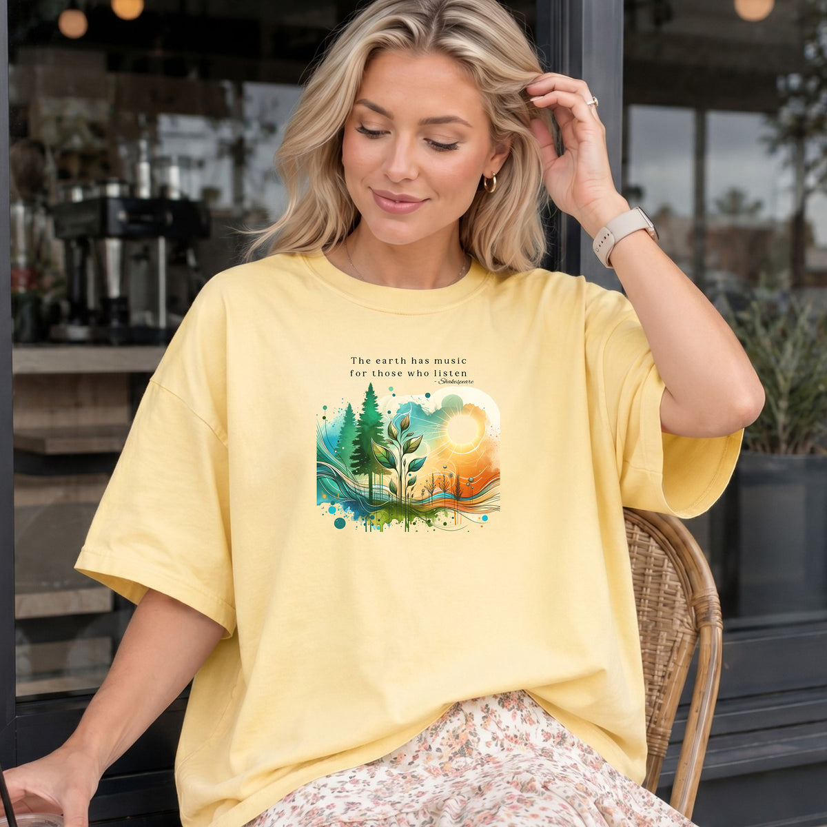Earth Music Nature Tshirt, Eco-Friendly Gift, Gift for Nature Lovers, Inspirational Tee, Vibrant Watercolor Scene