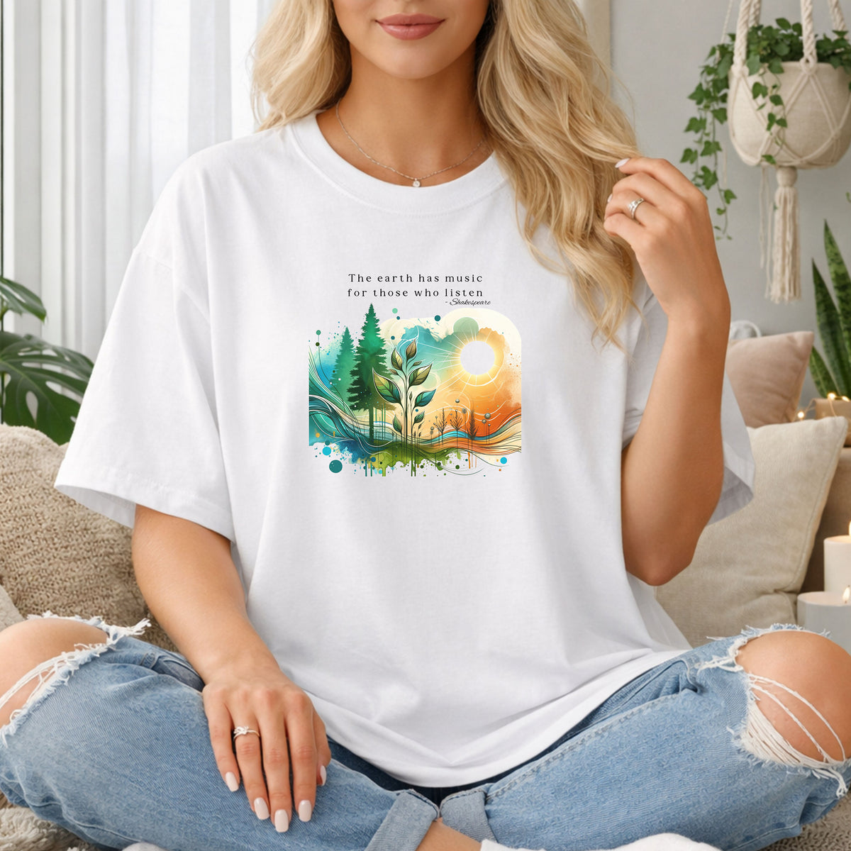 Earth Music Nature Tshirt, Eco-Friendly Gift, Gift for Nature Lovers, Inspirational Tee, Vibrant Watercolor Scene