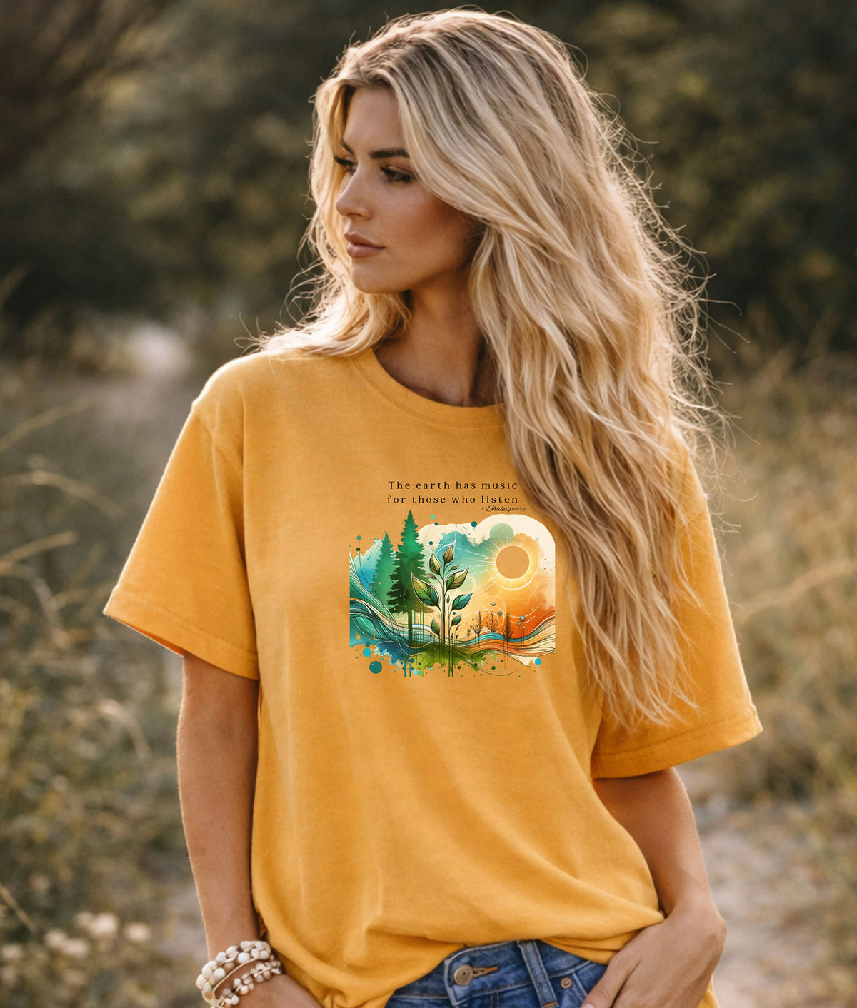 Earth Music Nature Tshirt, Eco-Friendly Gift, Gift for Nature Lovers, Inspirational Tee, Vibrant Watercolor Scene