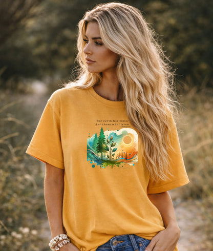 Earth Music Nature Tshirt, Eco-Friendly Gift, Gift for Nature Lovers, Inspirational Tee, Vibrant Watercolor Scene