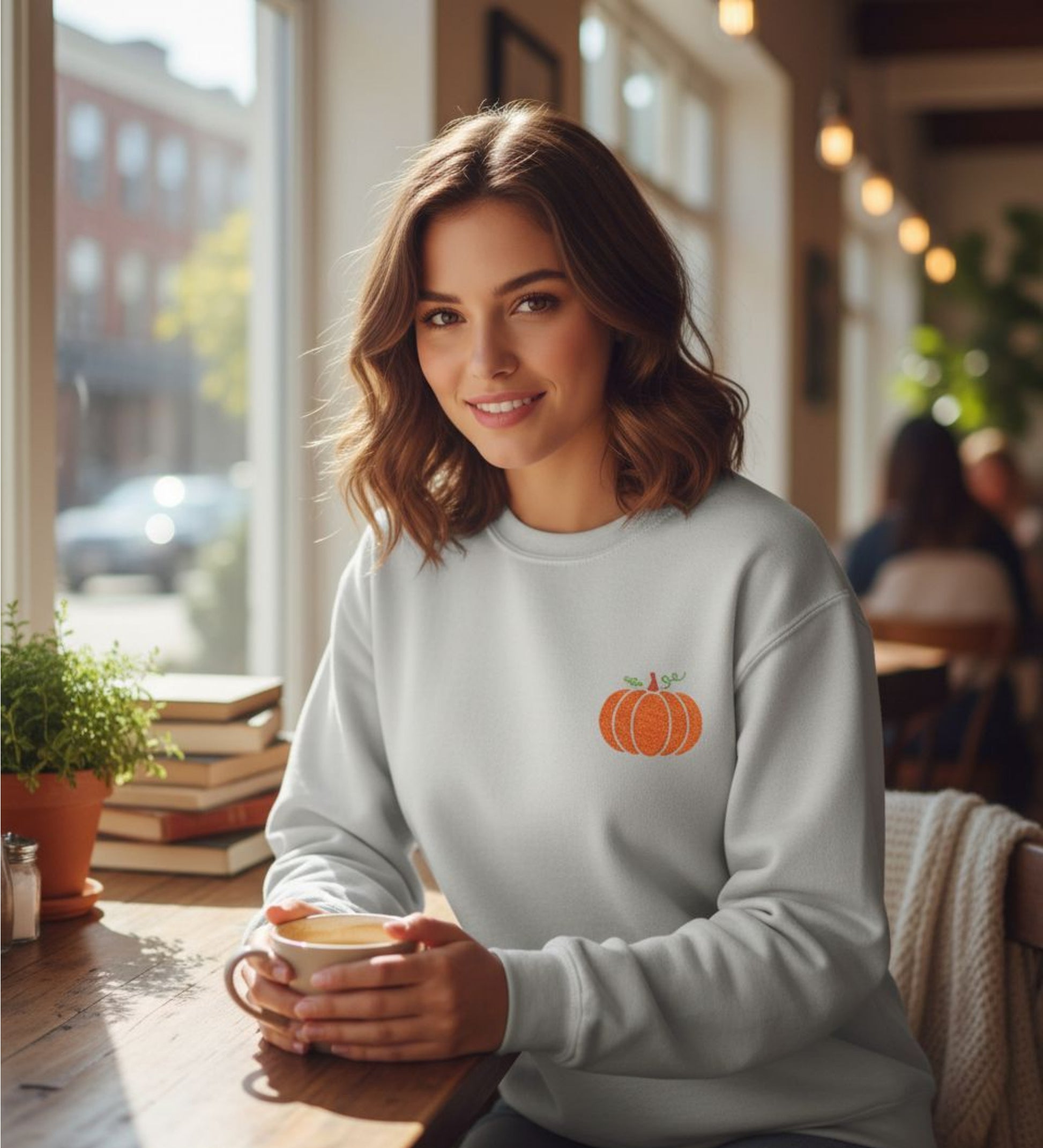 Person wearing an Ash sweatshirt with an embroidered pumpkin design, holding a coffee cup in a cozy cafe.