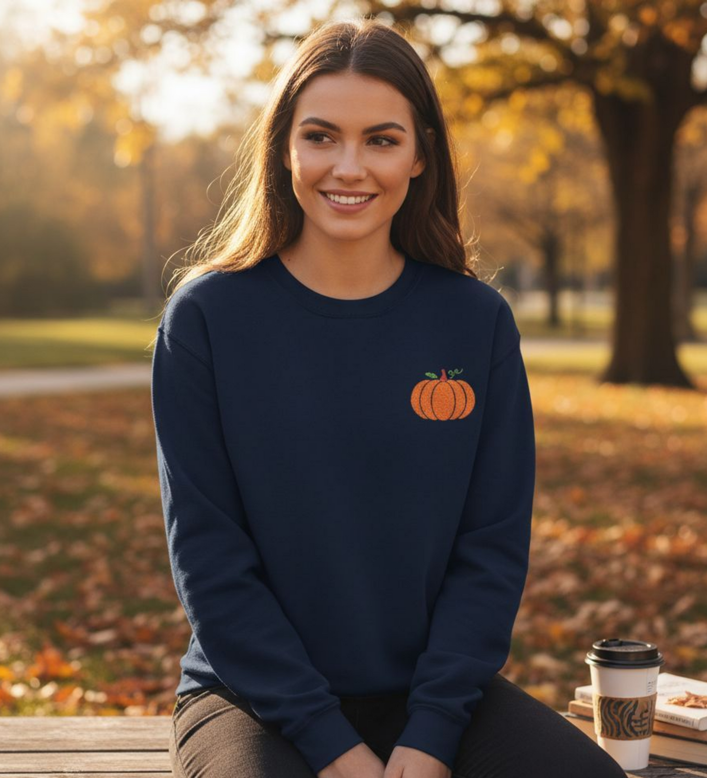 Person wearing a navy sweatshirt with an embroidered pumpkin design, outdoors.