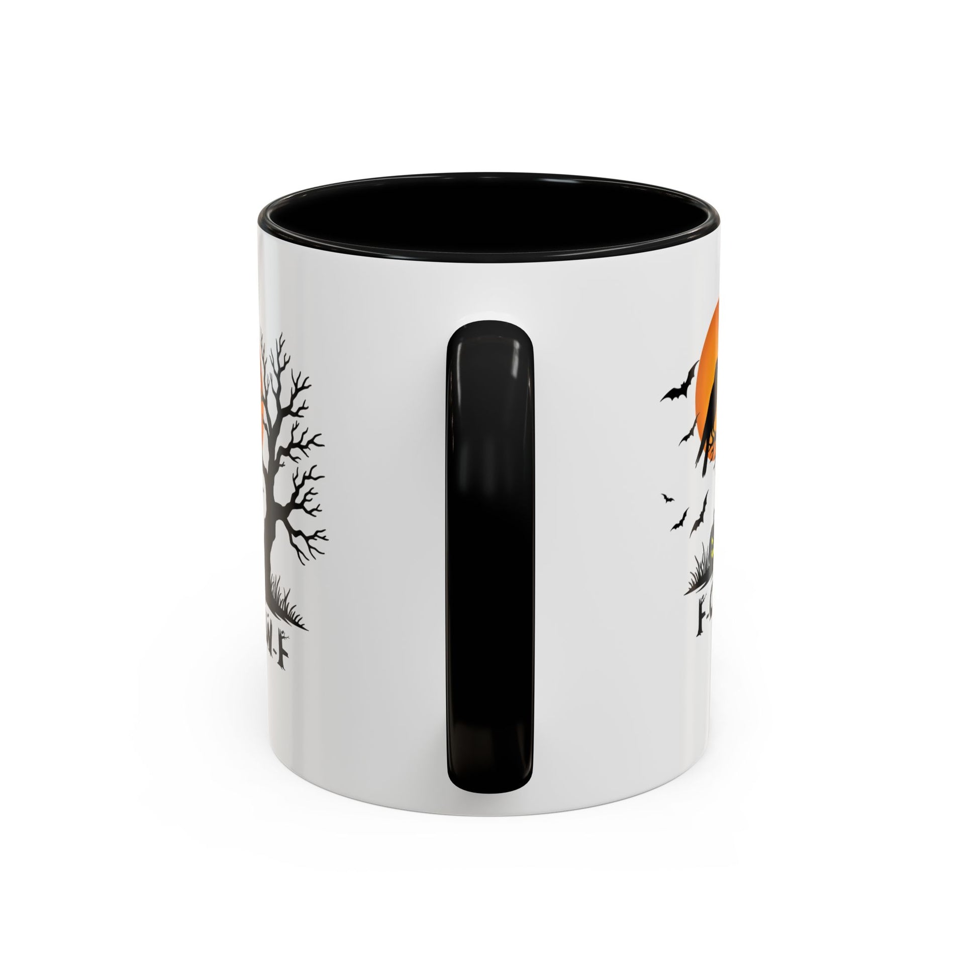 White mug with black interior and handle, featuring autumn-themed illustrations on a white background.