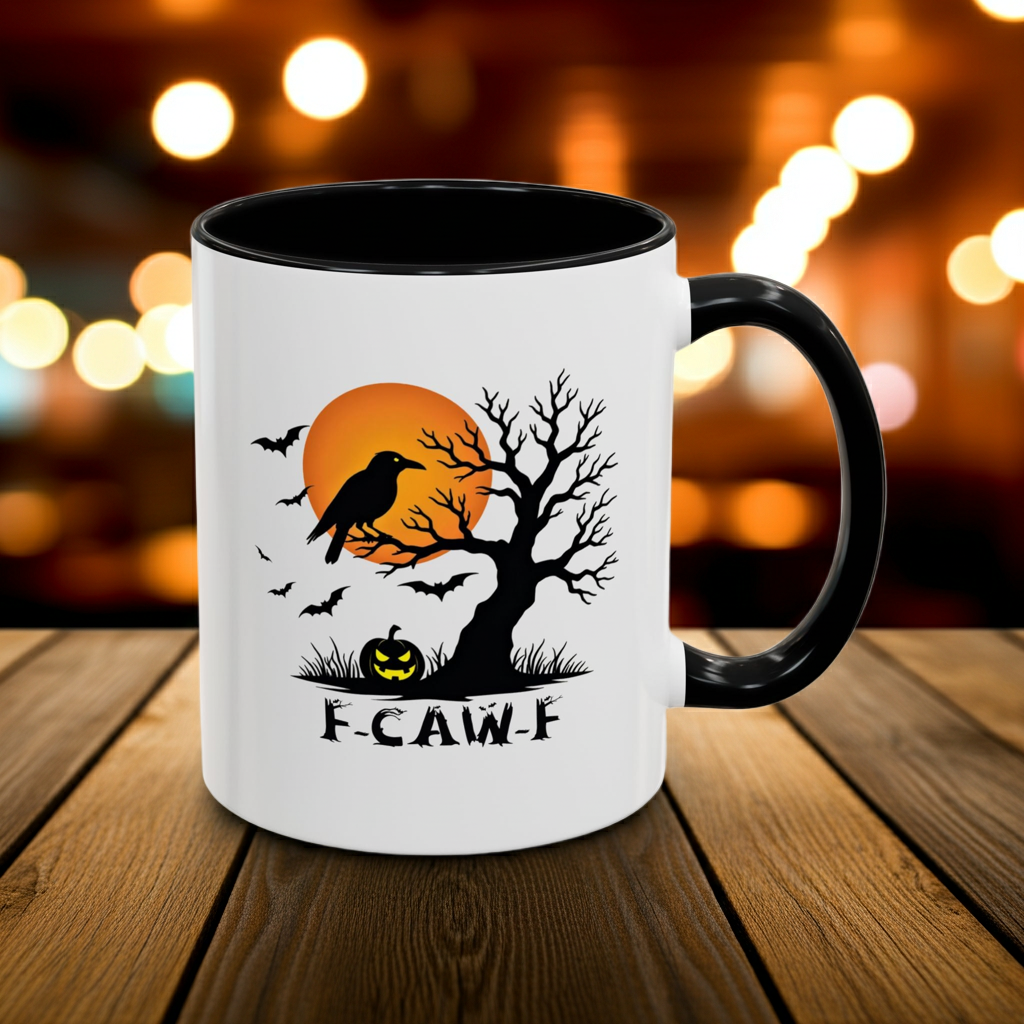 Halloween-themed mug with a crow, tree, and pumpkin on a wooden surface with blurred lights in the background.