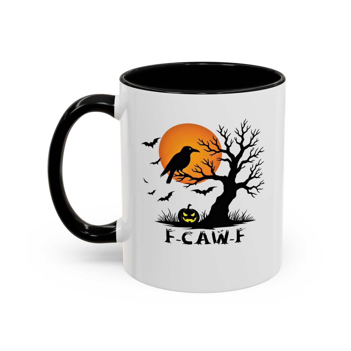 Halloween-themed mug with a black handle on a white background