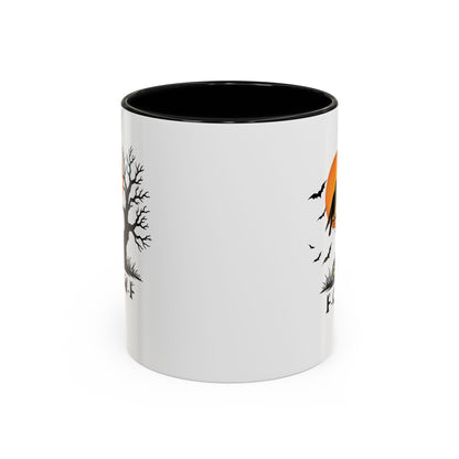 White mug with black interior, featuring autumn-themed designs on a white background
