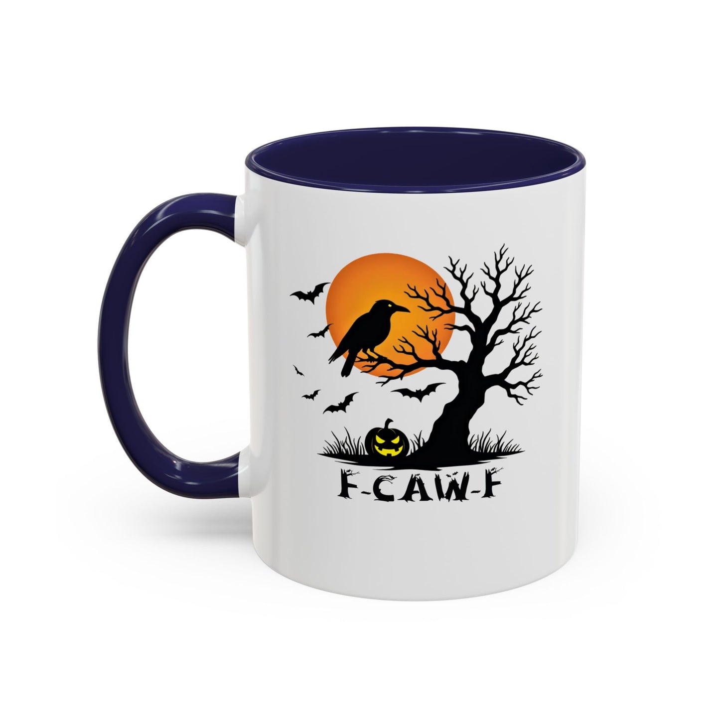 Halloween-themed mug with a crow, tree, and pumpkin design on a white background