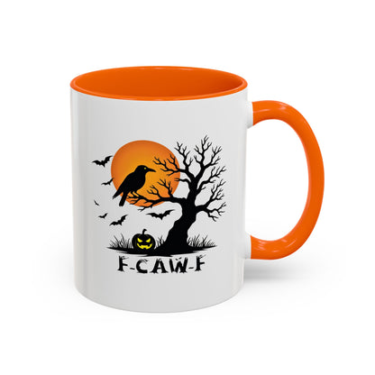 Halloween-themed mug with orange interior and handle on a white background