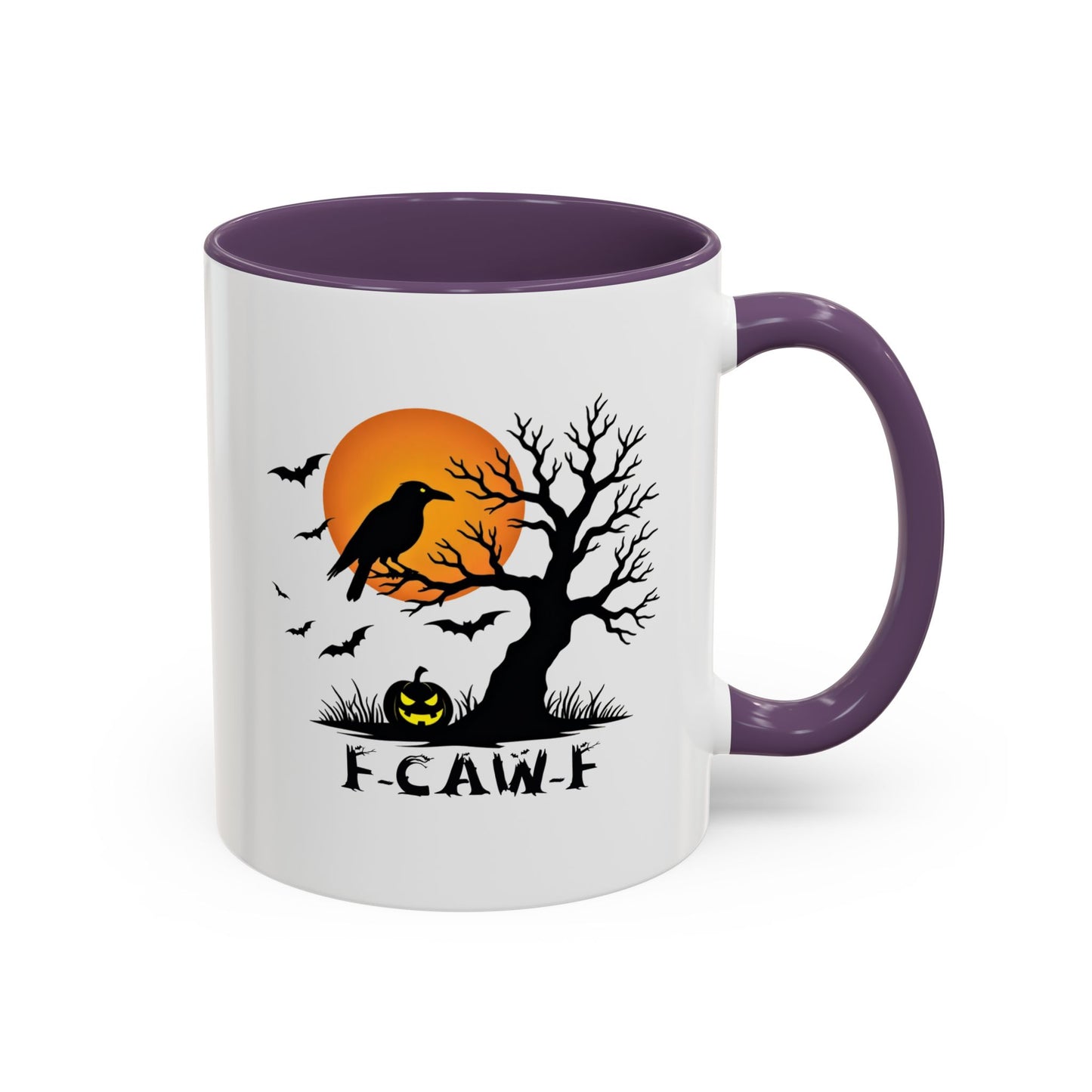 Halloween-themed mug with purple handle and interior, featuring a crow, tree, and pumpkin design.