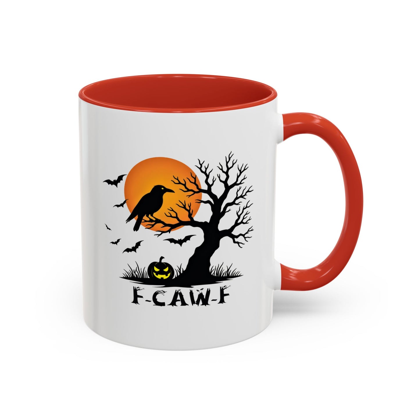 Halloween-themed mug with a red interior and handle on a white background