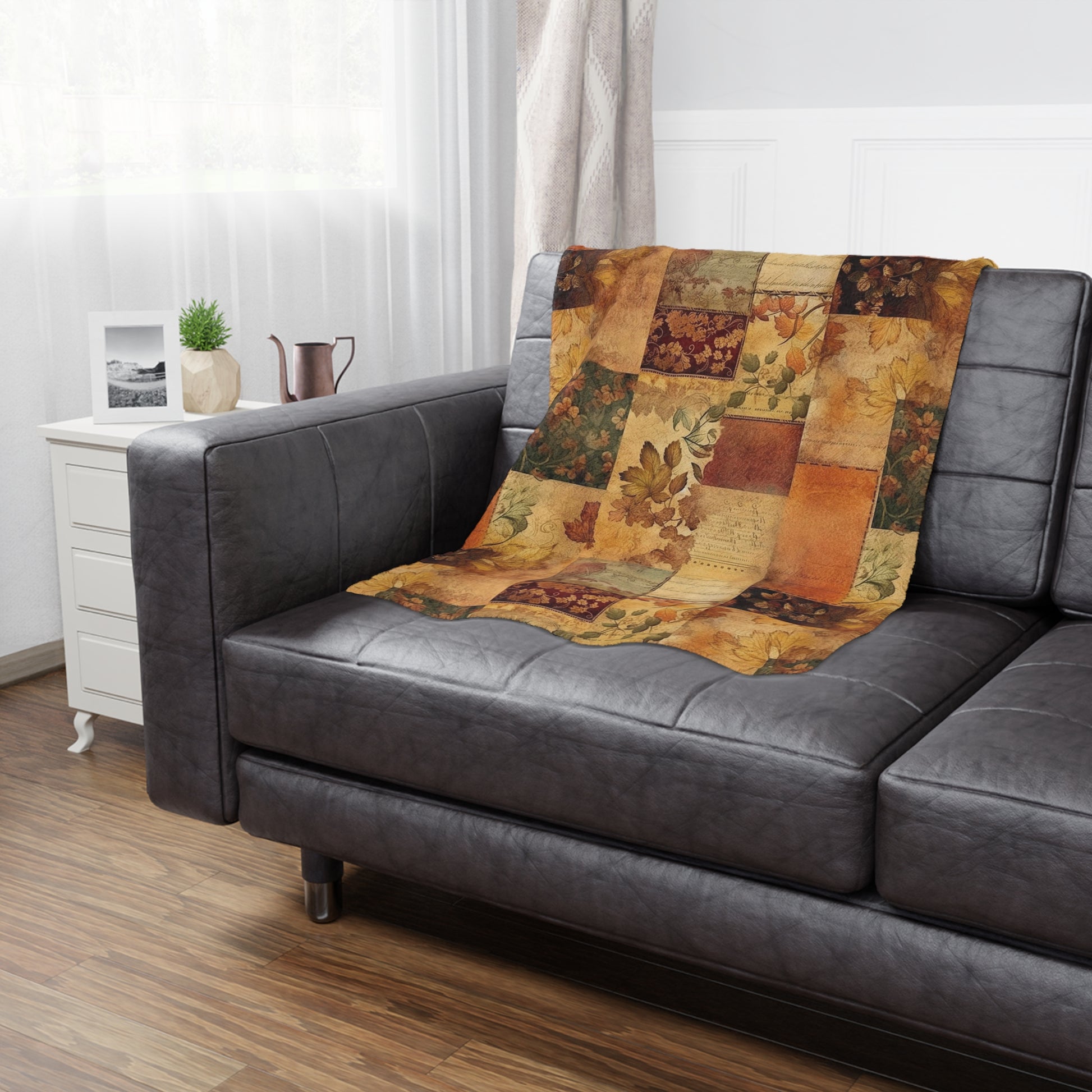 Fall Patchwork Blanket laying flat over top of couch