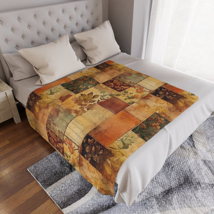 Bed with a fall 50" x 60" patchwork quilt laying flat on it.