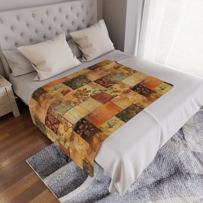 Bed with a fall 40" x60" patchwork quilt laying flat on it.