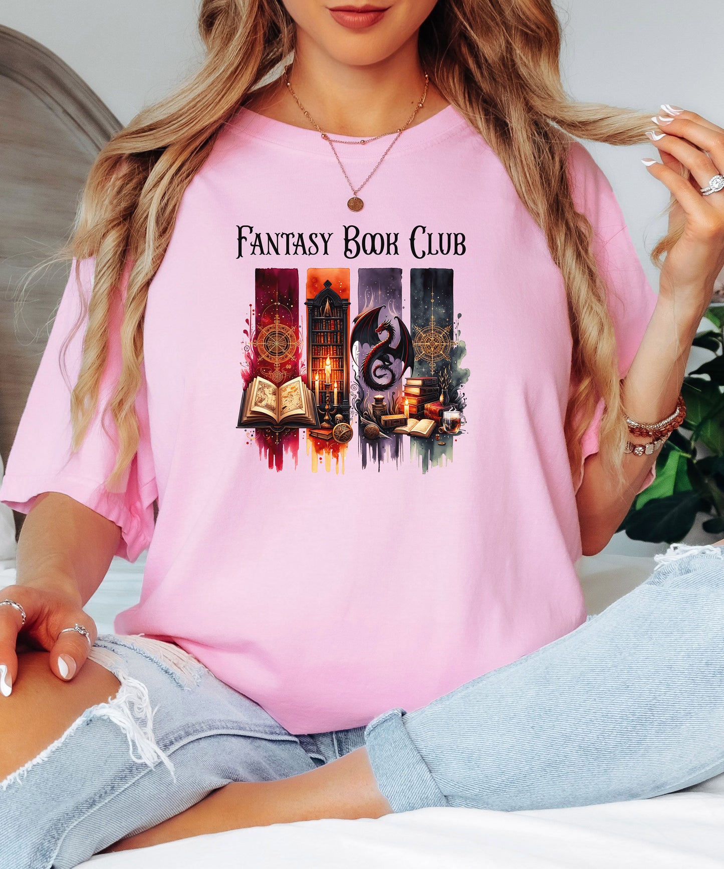Fantasy-themed t-shirt design featuring four vertical panels with vibrant mystical elements: open spellbooks, candles, magical symbols, ancient tomes, a fierce dragon, and a steaming cup of coffee. Rich tones of red, orange, purple, and blue create an enchanting atmosphere—perfect for fantasy book lovers, magic fans, and mystical minds.