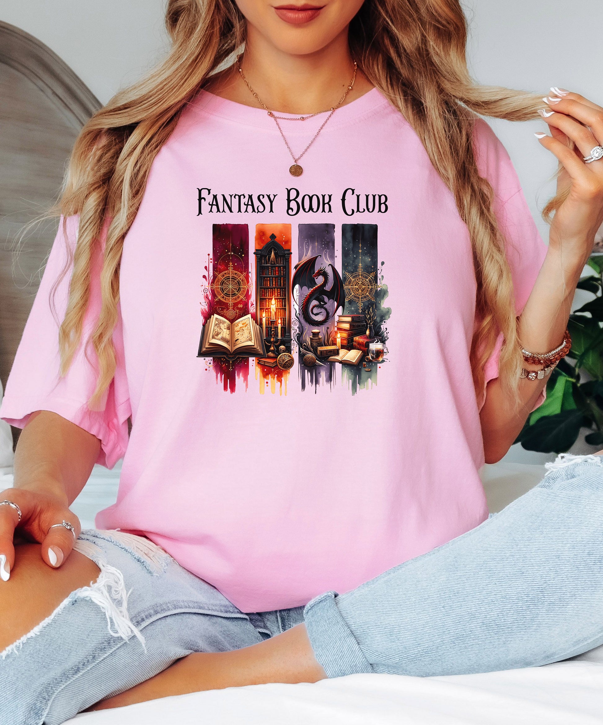 Fantasy-themed t-shirt design featuring four vertical panels with vibrant mystical elements: open spellbooks, candles, magical symbols, ancient tomes, a fierce dragon, and a steaming cup of coffee. Rich tones of red, orange, purple, and blue create an enchanting atmosphere—perfect for fantasy book lovers, magic fans, and mystical minds.
