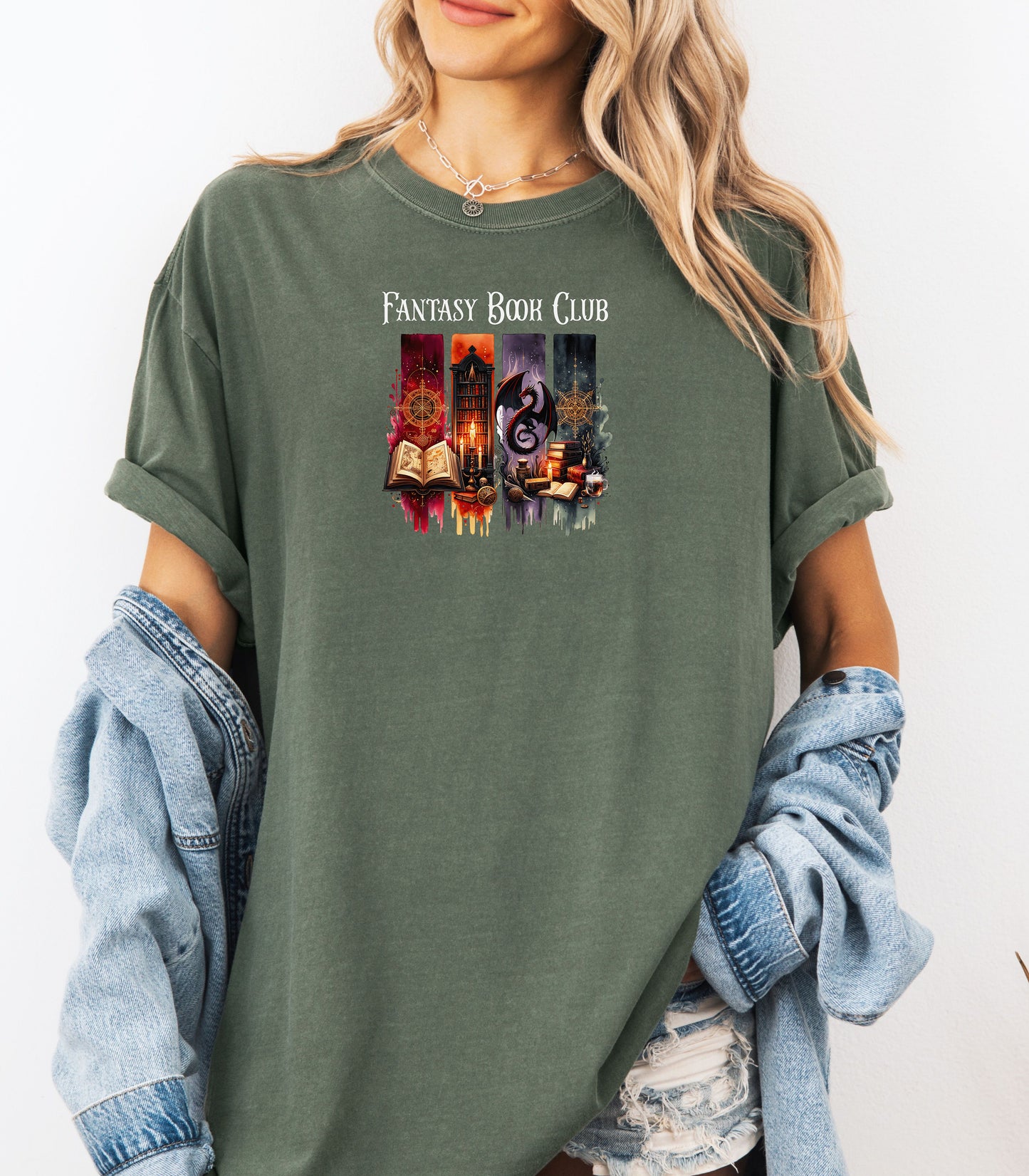 Fantasy-themed t-shirt design featuring four vertical panels with vibrant mystical elements: open spellbooks, candles, magical symbols, ancient tomes, a fierce dragon, and a steaming cup of coffee. Rich tones of red, orange, purple, and blue create an enchanting atmosphere—perfect for fantasy book lovers, magic fans, and mystical minds.