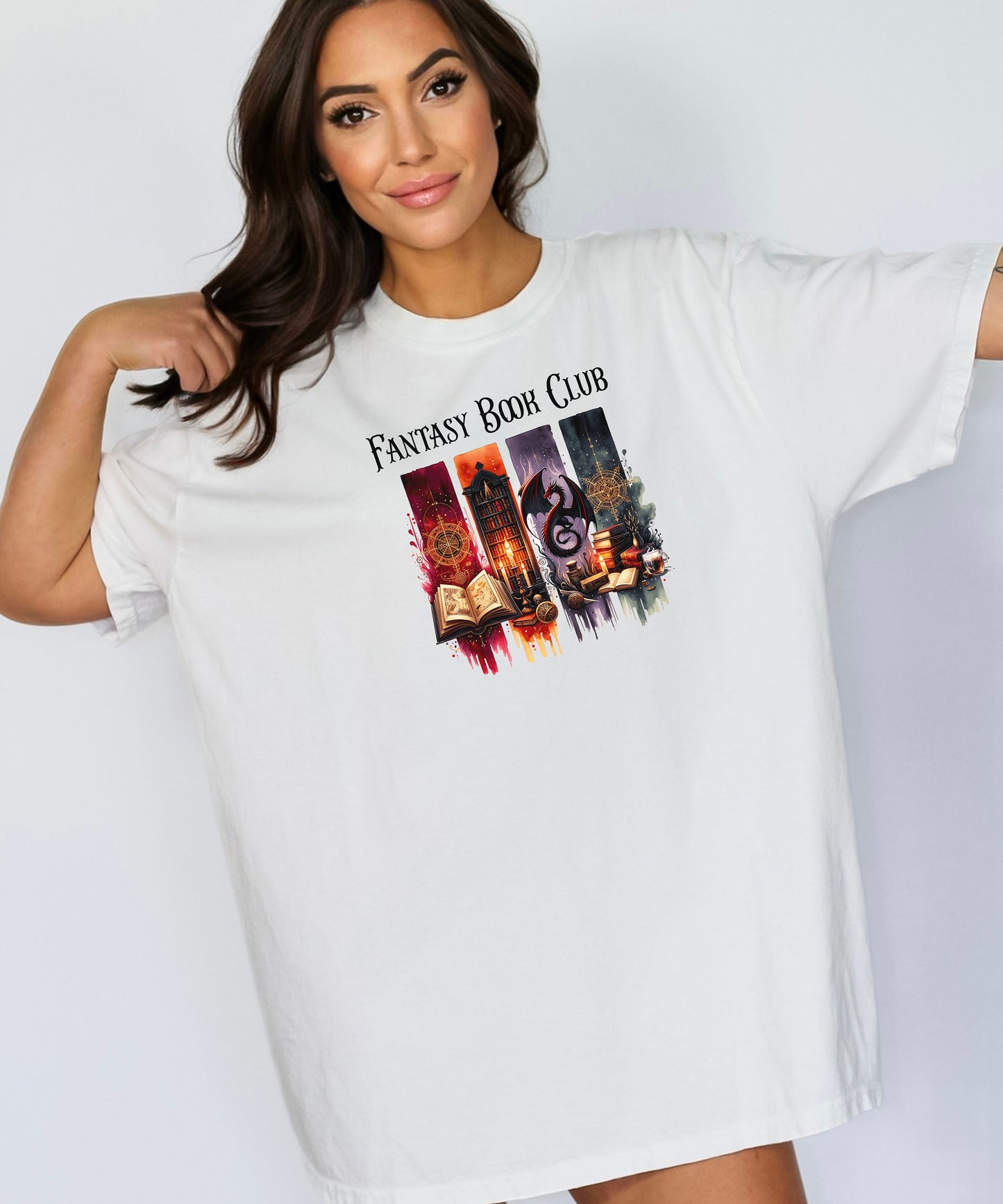 Fantasy-themed t-shirt design featuring four vertical panels with vibrant mystical elements: open spellbooks, candles, magical symbols, ancient tomes, a fierce dragon, and a steaming cup of coffee. Rich tones of red, orange, purple, and blue create an enchanting atmosphere—perfect for fantasy book lovers, magic fans, and mystical minds.