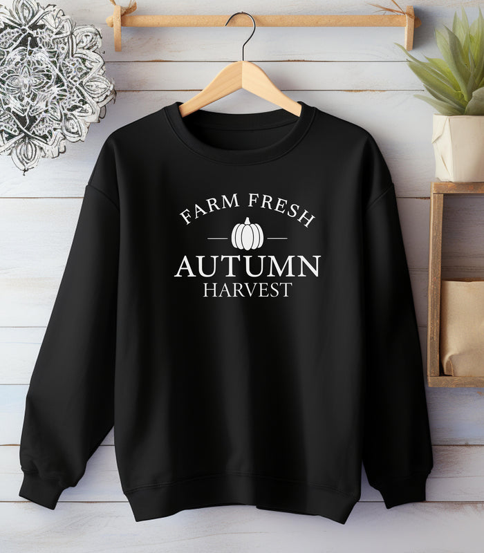 Black Gildan sweatshirt featuring a minimalist white “Farm Fresh Autumn Harvest” design with a simple pumpkin graphic in the center. A clean and classic fall look that captures rustic charm and seasonal spirit—perfect for farmers' markets, pumpkin patches, and cozy autumn days.