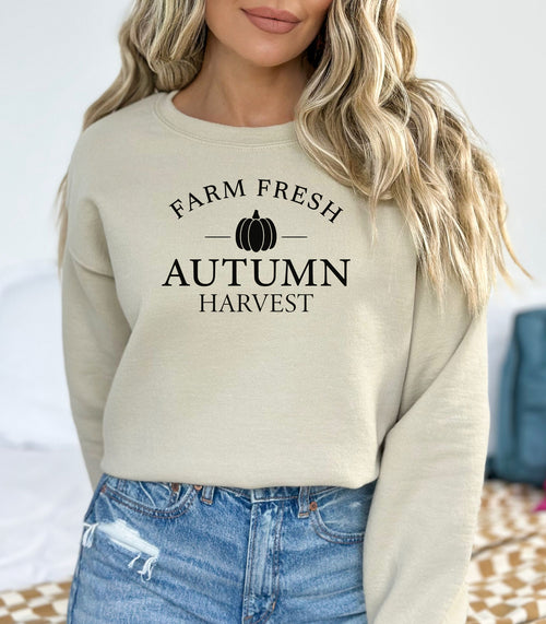 Sand Gildan sweatshirt featuring a minimalist black “Farm Fresh Autumn Harvest” design with a simple pumpkin graphic in the center. A clean and classic fall look that captures rustic charm and seasonal spirit—perfect for farmers' markets, pumpkin patches, and cozy autumn days.