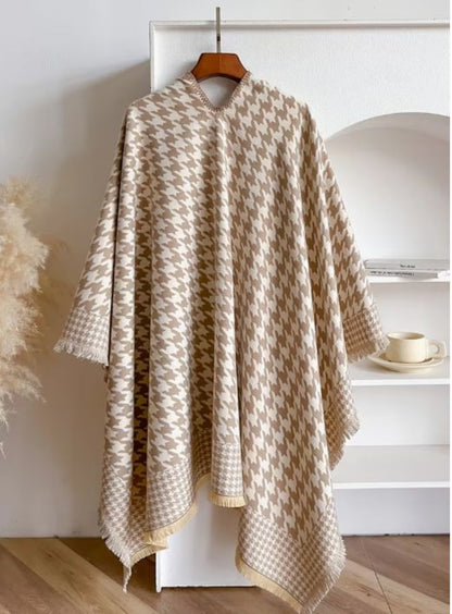 Neutral Houndstooth Boho Shawl, Soft Cape Wrap with Fringe