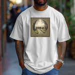 Classic White “Fellowship” T-shirt featuring a fantasy-inspired design of five cloaked figures walking along a stone path toward distant mountains. The scene is framed by intricate Celtic-style borders with bare trees arching overhead, creating an adventurous and mythical atmosphere. Perfect for fans of epic journeys, fantasy worlds, and storytelling-inspired apparel.