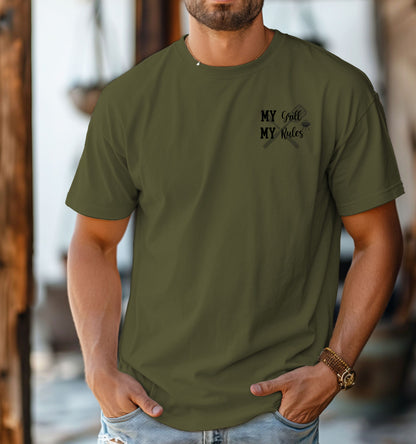 Grill Boss 'My Grill, My Rules' pocket design T-shirt featuring a bold text design with a grilling fork and flame graphic. Printed on a hemp color unisex tee, this fun and confident design is perfect for BBQ lovers, pitmasters, and backyard chefs who take charge at the grill. Ideal for summer cookouts, Father’s Day, or casual everyday wear.