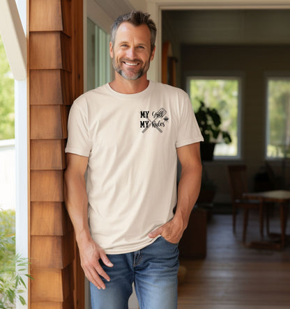 Grill Boss 'My Grill, My Rules' pocket design T-shirt featuring a bold text design with a grilling fork and flame graphic. Printed on a Ivory unisex tee, this fun and confident design is perfect for BBQ lovers, pitmasters, and backyard chefs who take charge at the grill. Ideal for summer cookouts, Father’s Day, or casual everyday wear.