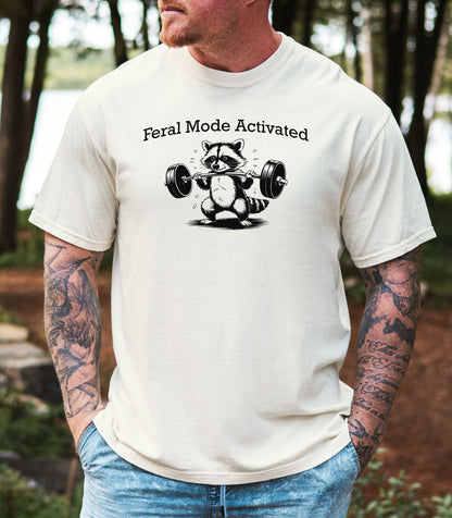 Feral Mode Activated T-Shirt, Raccoon Weightlifting Graphic Tee