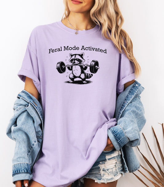 Feral Mode Activated T-Shirt, Raccoon Weightlifting Graphic Tee