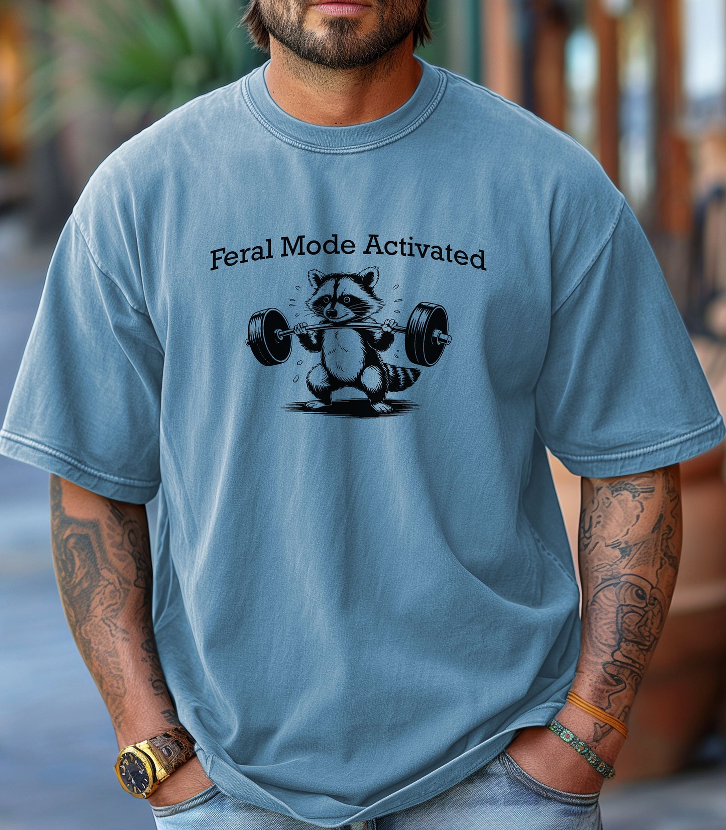 Feral Mode Activated T-Shirt, Raccoon Weightlifting Graphic Tee