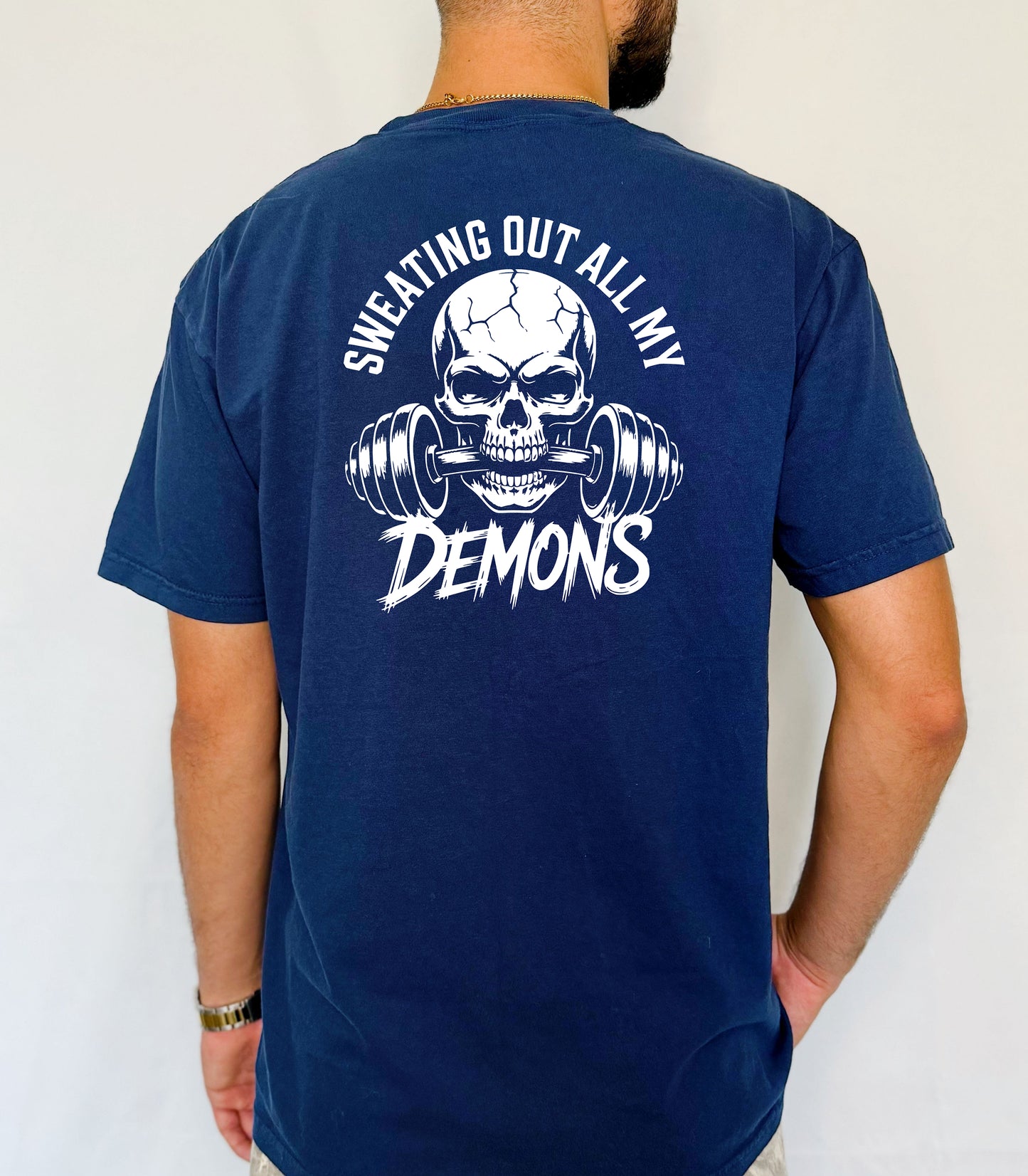 Sweating Out All My Demons T-Shirt, Skull & Barbell Gym Tee