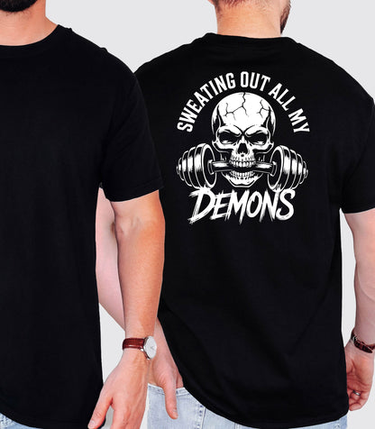 Sweating Out All My Demons T-Shirt, Skull & Barbell Gym Tee