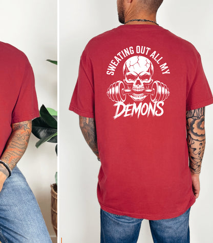 Sweating Out All My Demons T-Shirt, Skull & Barbell Gym Tee