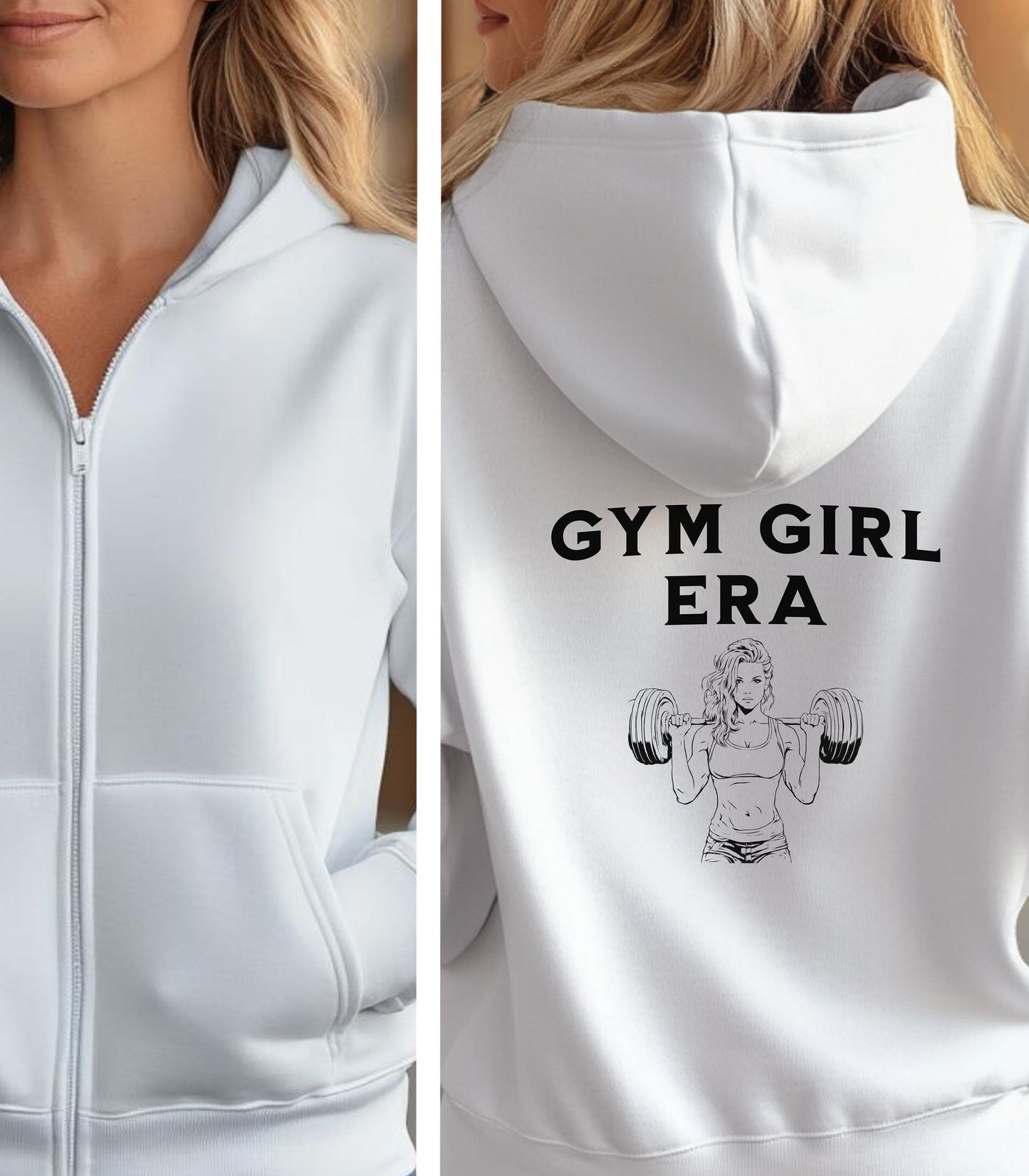 White Gildan hoodie featuring bold black text “GYM GIRL ERA” on the back, above a line art illustration of a muscular woman confidently lifting heavy barbells. The empowering fitness design celebrates strength, dedication, and gym lifestyle—perfect for active women embracing their fitness journey.
