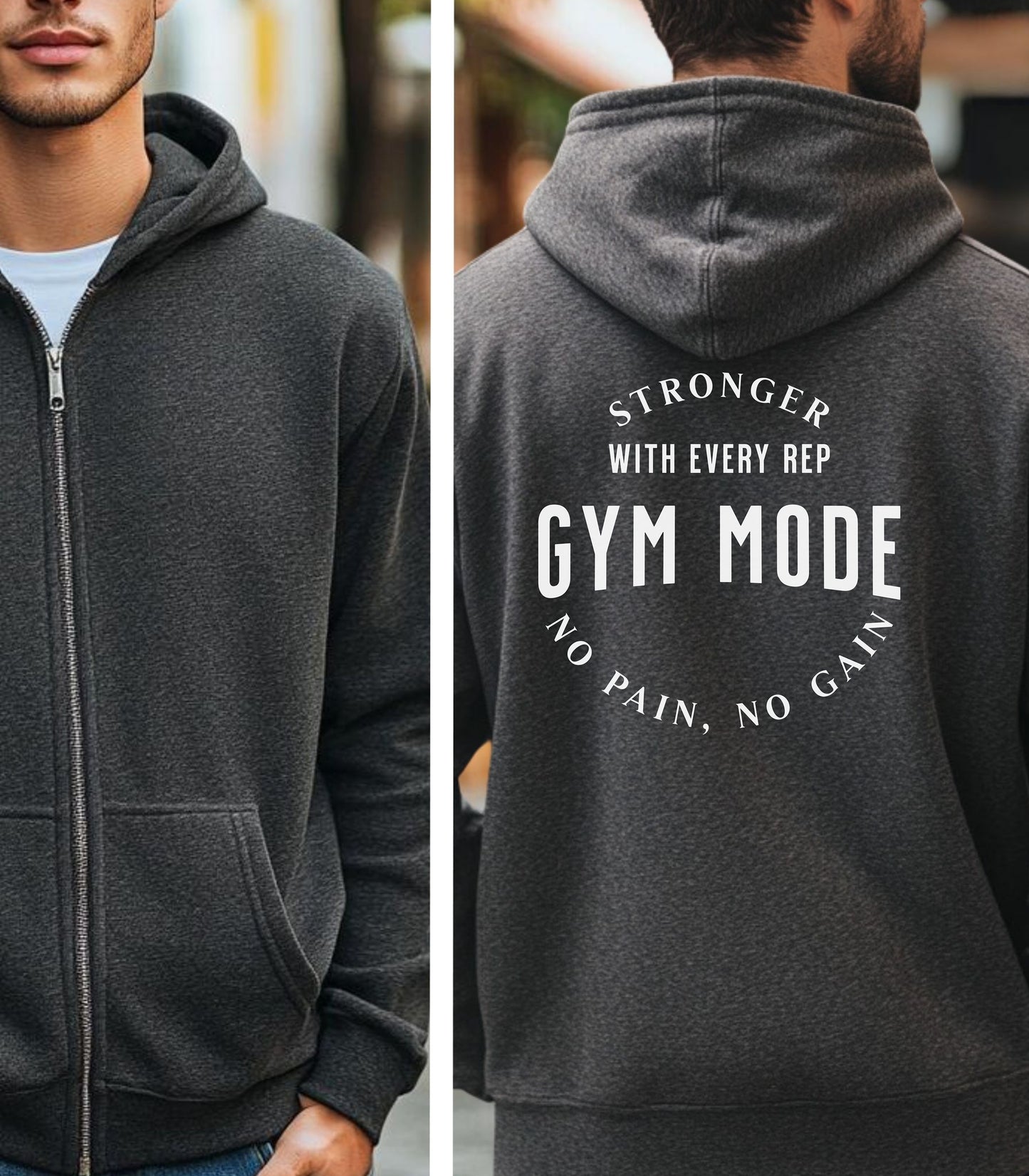 Dark Heather Gildan hoodie featuring bold white text on the back: “Stronger with Every Rep” above “GYM MODE,” with “No Pain, No Gain” curved below. A motivational fitness design that inspires dedication and strength, perfect for gym-goers committed to pushing limits and embracing an active lifestyle.