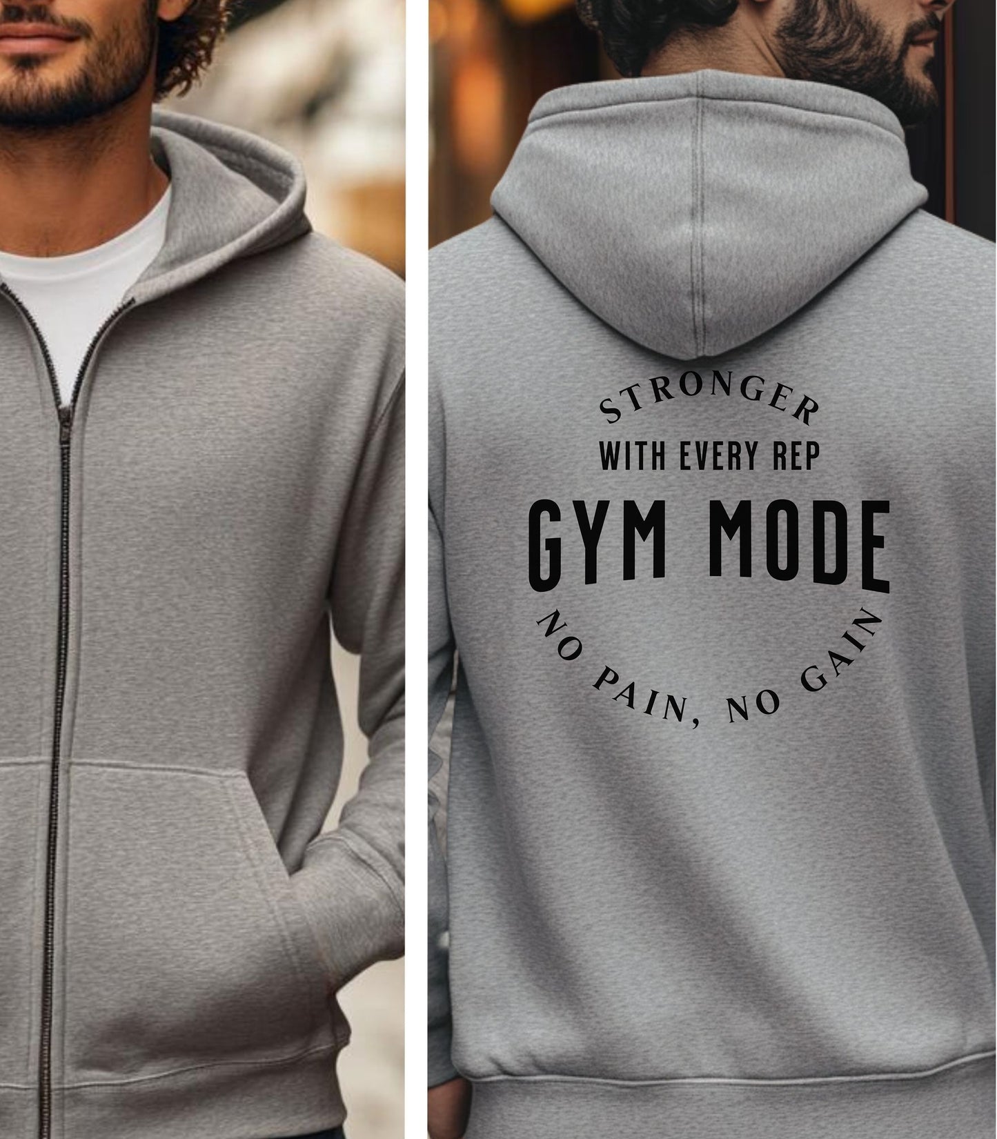 Sport Grey Gildan hoodie featuring bold white text on the back: “Stronger with Every Rep” above “GYM MODE,” with “No Pain, No Gain” curved below. A motivational fitness design that inspires dedication and strength, perfect for gym-goers committed to pushing limits and embracing an active lifestyle.