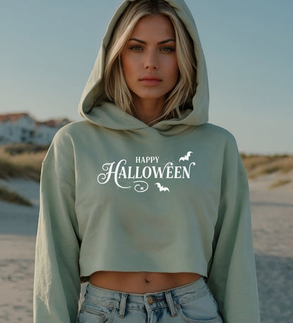 Cropped sage hoodie featuring "Happy Halloween" text with spiderwebs and bats