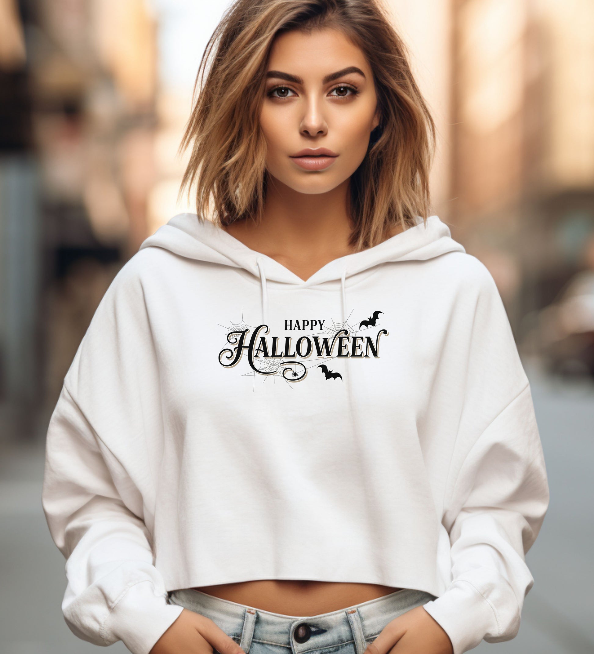 Cropped white hoodie featuring "Happy Halloween" text with spiderwebs and bats