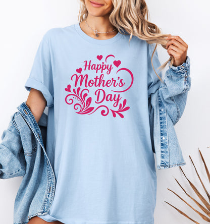 Woman wearing a baby blue t-shirt with 'Happy Mother's Day' in pink text, holding a denim jacket.