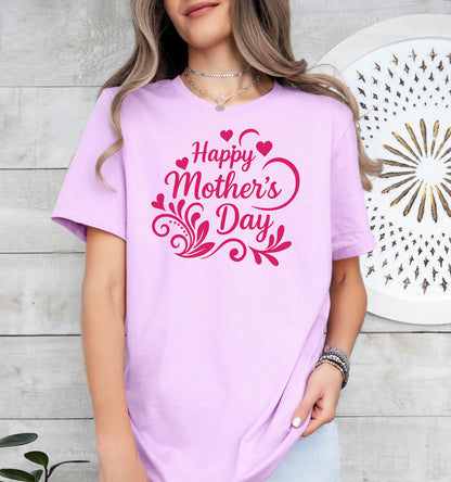Person wearing a lilac 'Happy Mother's Day' t-shirt against a light wooden background