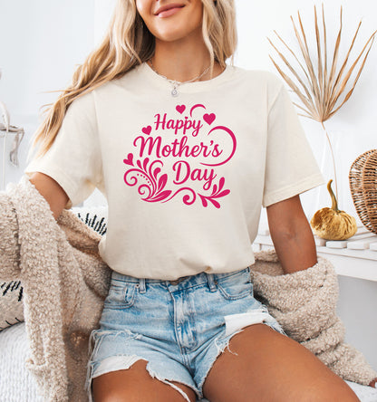 Person wearing a natural 'Happy Mother's Day' shirt with decorative text in a casual setting.