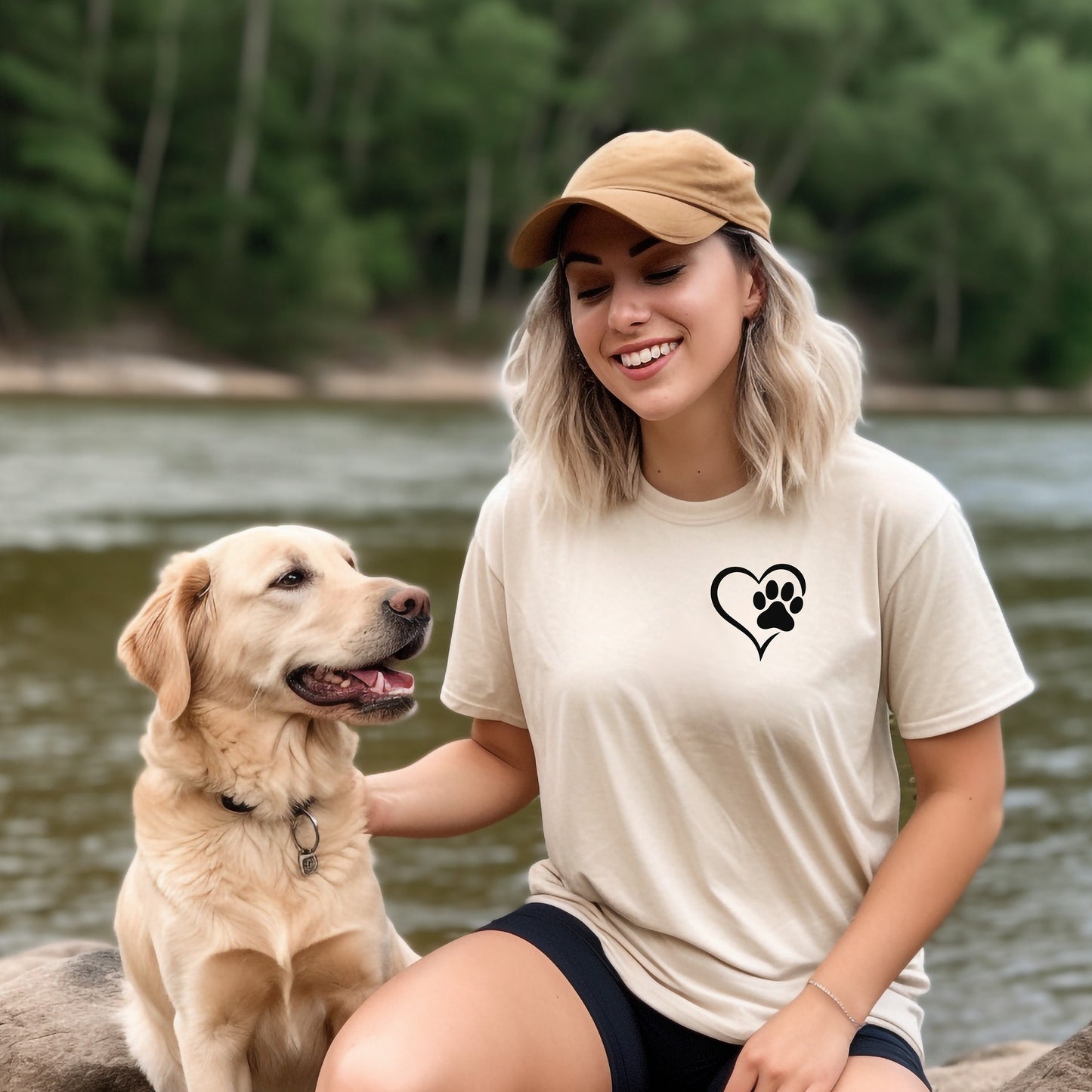 Person wearing a classic ivory T-shirt featuring a simple black heart outline with a paw print inside on the upper left chest. The minimalist Heart Paw Print design symbolizes love for pets, making it a perfect shirt for dog and cat lovers.