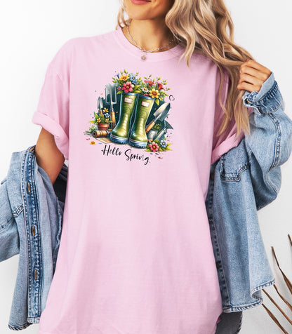 Hello Spring Gardening Shirt, Floral Rain Boots Garden Lover T-Shirt