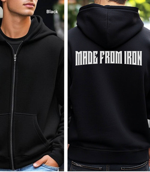 Made From Iron Zip Hoodie, Back Print, Unisex Heavy Blend Zip Hoodie, Athletic Hoodie for Gym, Fitness, Workout, Casual Wear, Gift Options